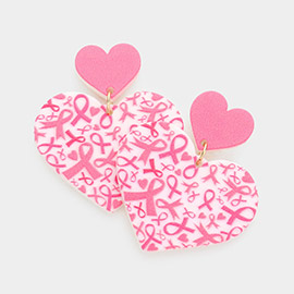 Pink Ribbon Patterned Heart Dangle Earrings