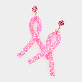 Round Stone Bling Pink Ribbon Dangle Earrings