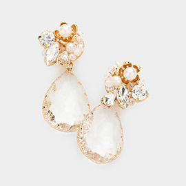 Pearl Centered Flower Teardrop Stone Link Dangle Earrings