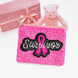 Survivor Message Sequin Beaded Pink Ribbon Mini Pouch Bag