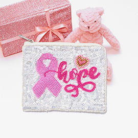 Hope Message Sequin Beaded Pink Ribbon Heart Mini Pouch Bag