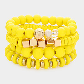4PCS - Wood Ball Metal Beaded Stretch Bracelets