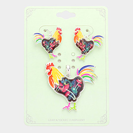 Flower Patterned Rooster Pendant Set