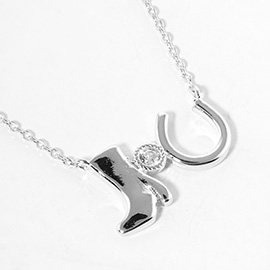 White Gold Dipped Western Boot Round Stone Horseshoe Pendant Necklace