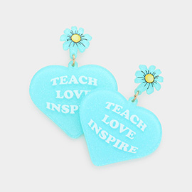 Teach Love Inspire Message Glittered Flower Heart Link Dangle Earrings