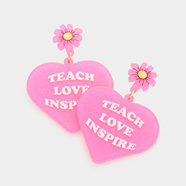 Teach Love Inspire Message Glittered Flower Heart Link Dangle Earrings