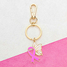 Enamel Metal Pink Ribbon Butterfly Keychain