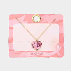 Enamel Pink Ribbon Accented Rhinestone Embellished Heart Pendant Necklace