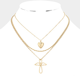 3PCS - Metal Heart Angel Wing Cross Pendant Necklaces