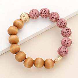 Wood Ball Lava Rock Basalt Beaded Stretch Bracelet