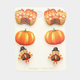 3Pairs - Pumpkin Pie Turkey Stud Earrings