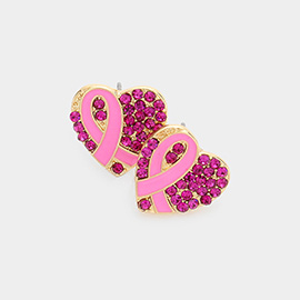 Enamel Pink Ribbon Accented Rhinestone Embellished Heart 
Stud Earrings