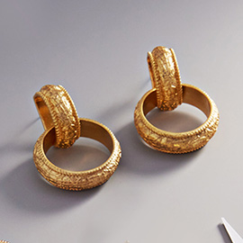 Textured Open Metal Circle Link Dangle Earrings