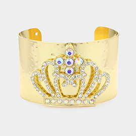 Stone Embellished Crown Accented Metal Cuff Bracelet