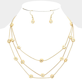 Stone Centered Metal Round Station Triple Layered Bib Necklace