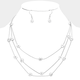 Stone Centered Metal Round Station Triple Layered Bib Necklace