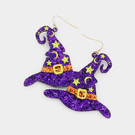 Glittered Star Crescent Moon Patterned Witch Hat Dangle Earrings