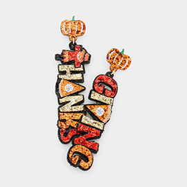Glittered Pumpkin Thanksgiving Message Dangle Earrings