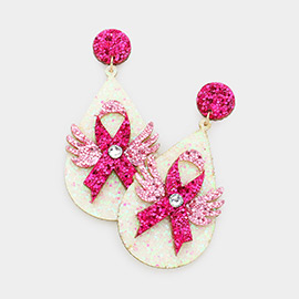 Glittered Angel Wing Pink Ribbon Pointed Teardrop Dangle Earrings