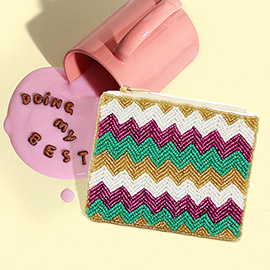 Seed Beaded Mardi Gras Zigzag Chevron Patterned Mini Pouch Bag