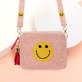 Seed Beaded Smile Accented Rectangle Tassel Crossbody Bag