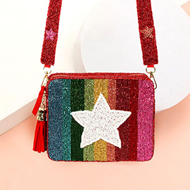 Rainbow Color Block Seed Beaded Star Accented Rectangle Tassel Crossbody Bag