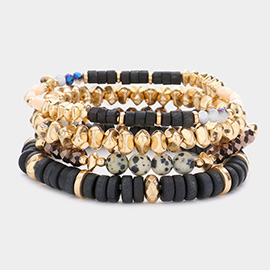 4PCS - Semi Precious Stone Accented Wood Beaded Stretch Bracelets
