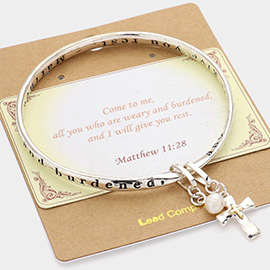 Matthew 11:28 Message Cross Pearl Charm Bangle Bracelet