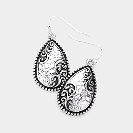 Embossed Antique Metal Teardrop Dangle Earrings