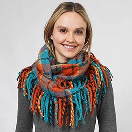 Plaid Check Patterned Fringe Infinity Scarf
