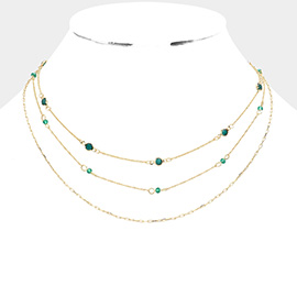 Round Stone Faceted Bead Station Triple Layered Bib Necklace