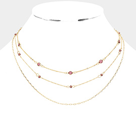 Round Stone Faceted Bead Station Triple Layered Bib Necklace