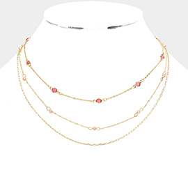 Round Stone Faceted Bead Station Triple Layered Bib Necklace