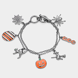 Halloween Boo Message Pumpkin Witch Spider Cobweb Enamel Charm Toggle Bracelet