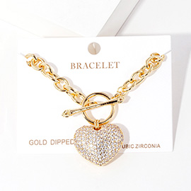 Gold Dipped CZ Pave Heart Charm Toggle Bracelet