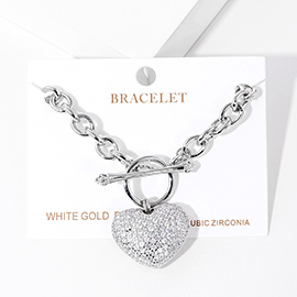 White Gold Dipped CZ Pave Heart Charm Toggle Bracelet