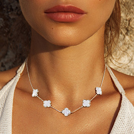 White Gold Dipped Mother of Pearl Quatrefoil Station Necklace