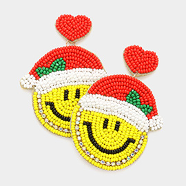 Felt Back Seed Beaded Heart Santa Hat Smile Link Dangle Earrings