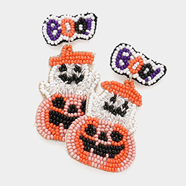 Boo! Message Felt Back Sequin Seed Beaded Ghost Pumpkin Link Dangle Earrings