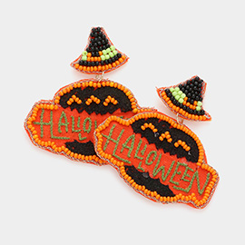 Halloween Message Felt Back Seed Beaded Witch Hat Pumpkin Link Dangle Earrings