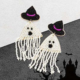 Felt Back Seed Beaded Witch Hat Ghost Fringe Dangle Earrings