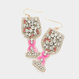 Felt Back Sequin Pink Ribbon Pointed Stone Wine Dangle Earrings