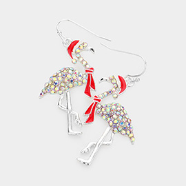 Rhinestone Embellished Enamel Metal Santa Hat Flamingo Dangle Earrings
