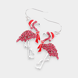 Rhinestone Embellished Enamel Metal Santa Hat Flamingo Dangle Earrings