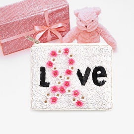 Love Message Sequin Flower Pink Ribbon Mini Pouch Bag