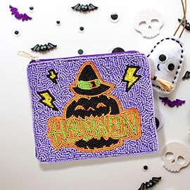 Halloween Message Pumpkin Seed Beaded Halloween Mini Pouch Bag