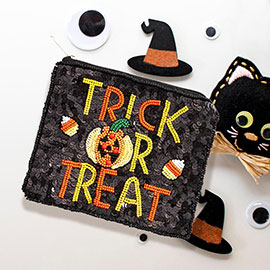 Tick or Treat Message Pumpkin Sequin Beaded Halloween Mini Pouch Bag