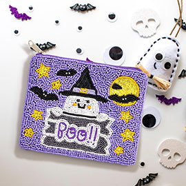 Boo Message Ghost Seed Beaded Halloween Mini Pouch Bag