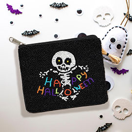 Happy Halloween Message Skull Seed Beaded Halloween Mini Pouch Bag