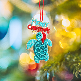 Merry Christmas Message Felt Back Seed Beaded Santa Hat Turtle Christmas Ornament